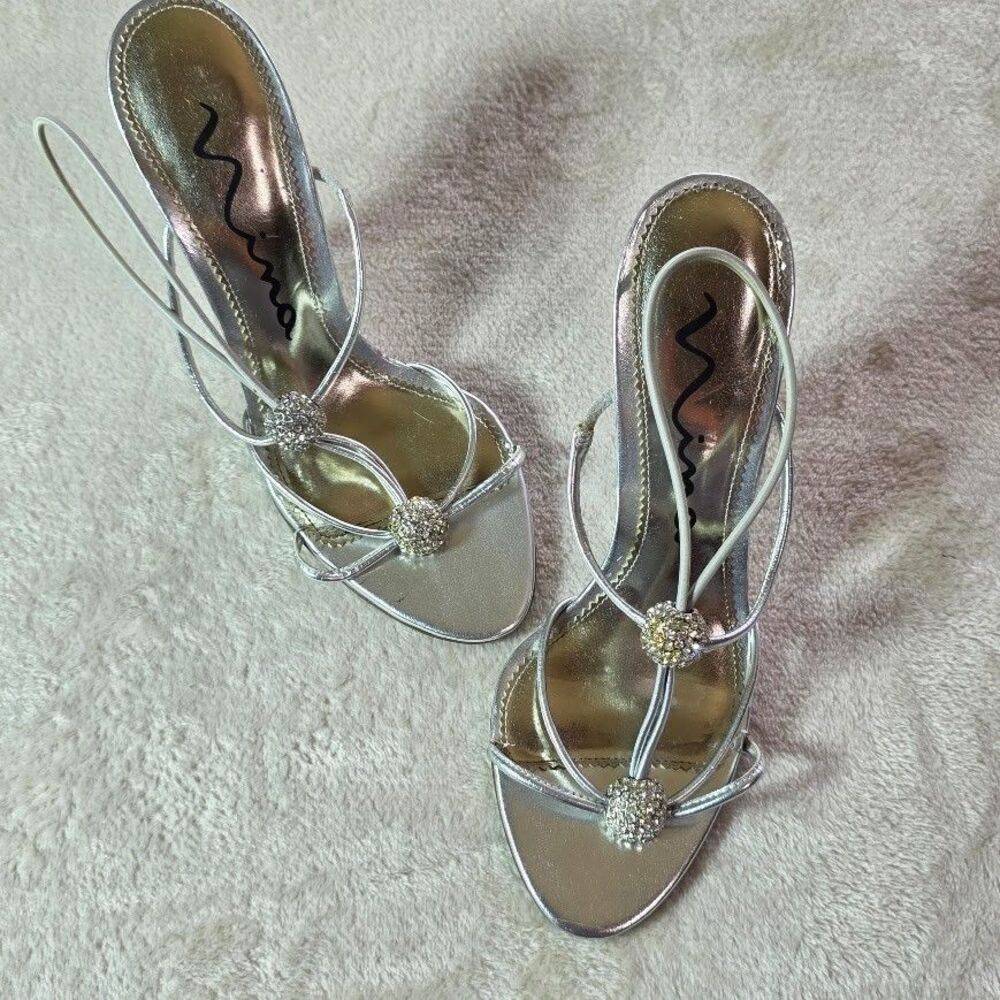 Nina Silver Strappy Rhinestone Open Toe Slip-On Acrylic Wedge Heels US Size 6M